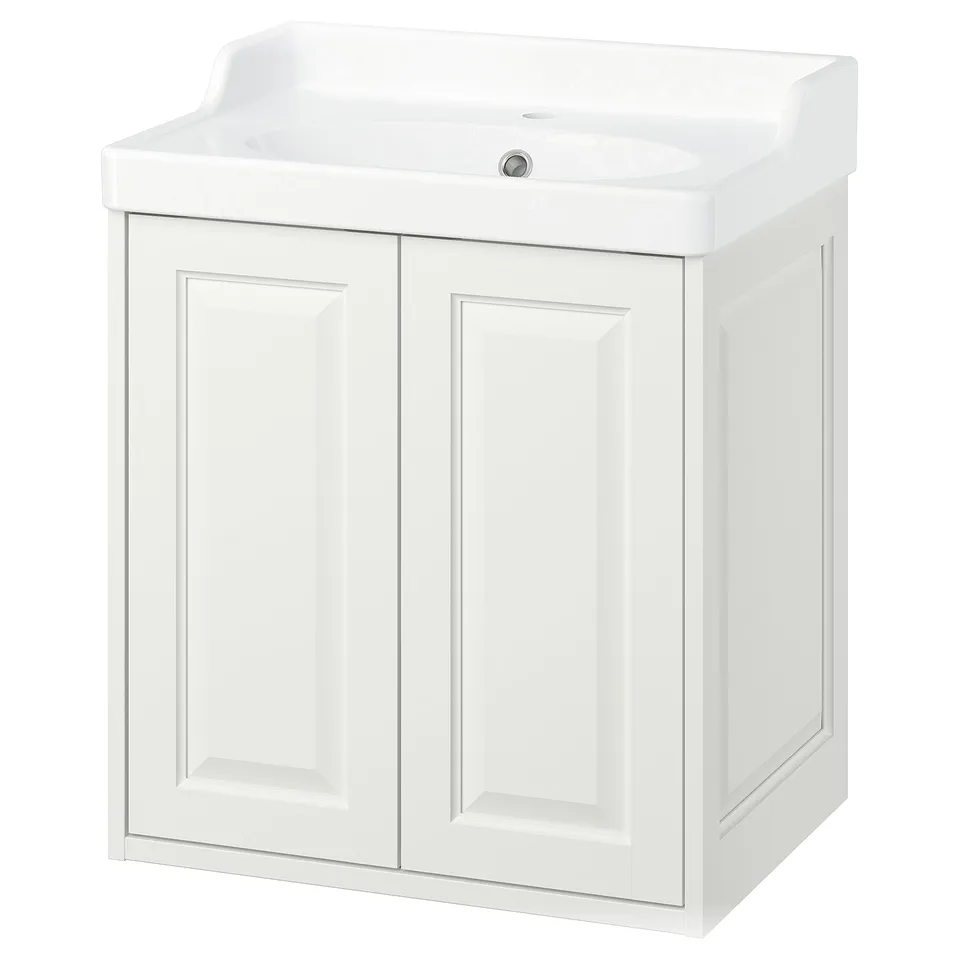 TÄNNFORSEN white bathroom vanity, classic design with bevelled edges, wall-mount cabinet, ceramic sink.