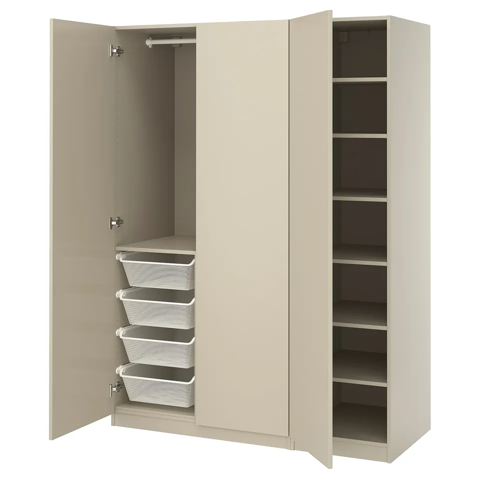 A beige ikea PAX wardrobe with doors open, displaying mesh baskets and shelves inside.