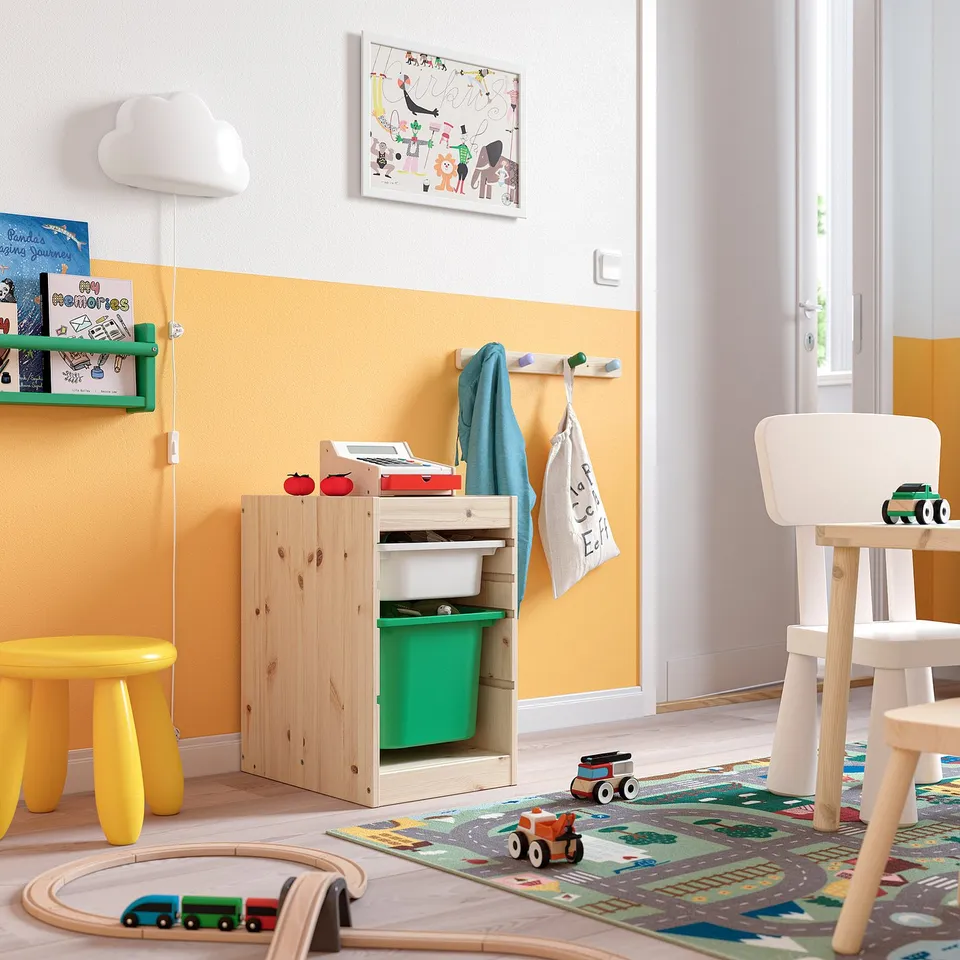 TROFAST Storage combination with boxes, light white stained pine white/bright green, 32x44x53 cm