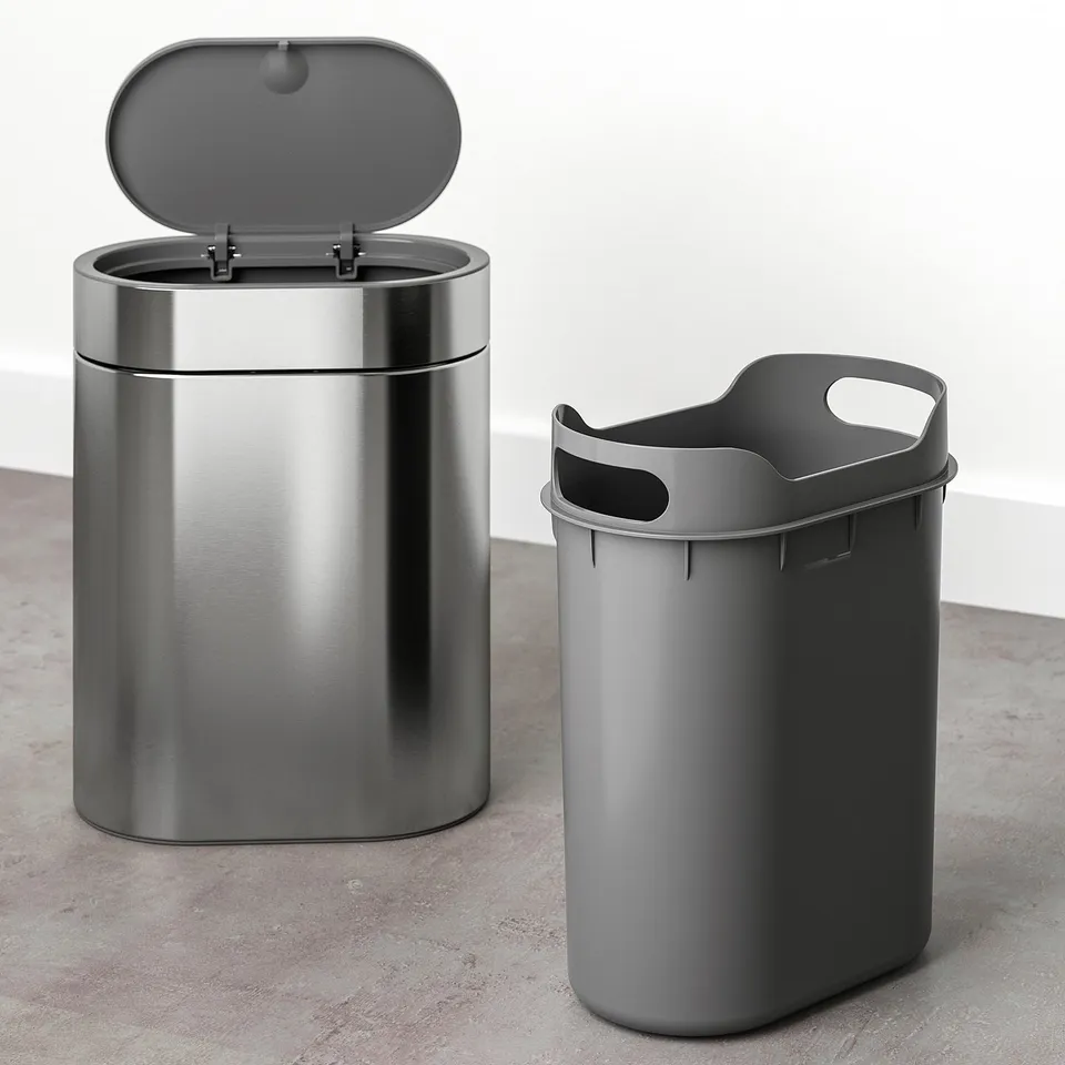 Two modern waste bins shown. One with lid open, metal finish. The other in grey plastic with handles, both slim for narrow spaces.