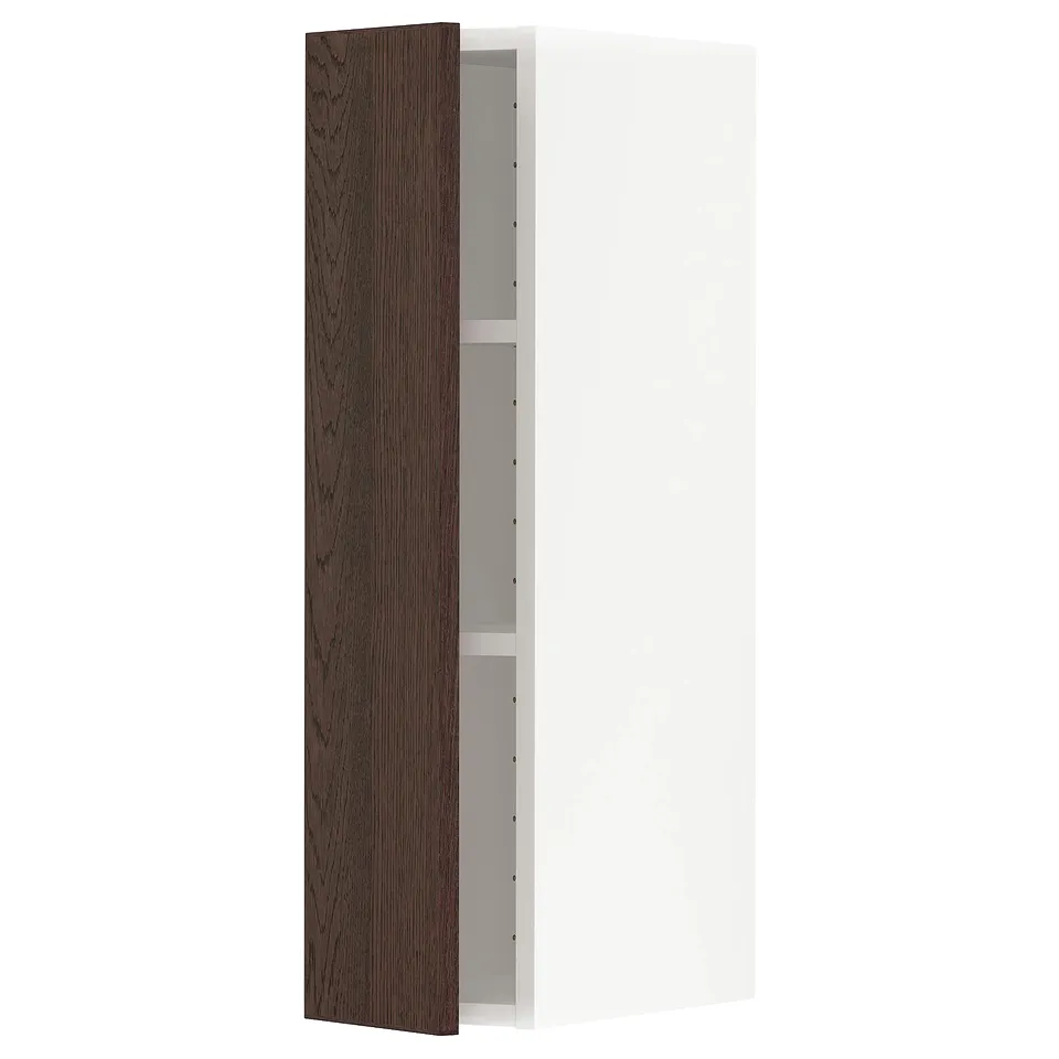 Open kitchen cabinet, dark brown wood, white interior, rectangular shape.
