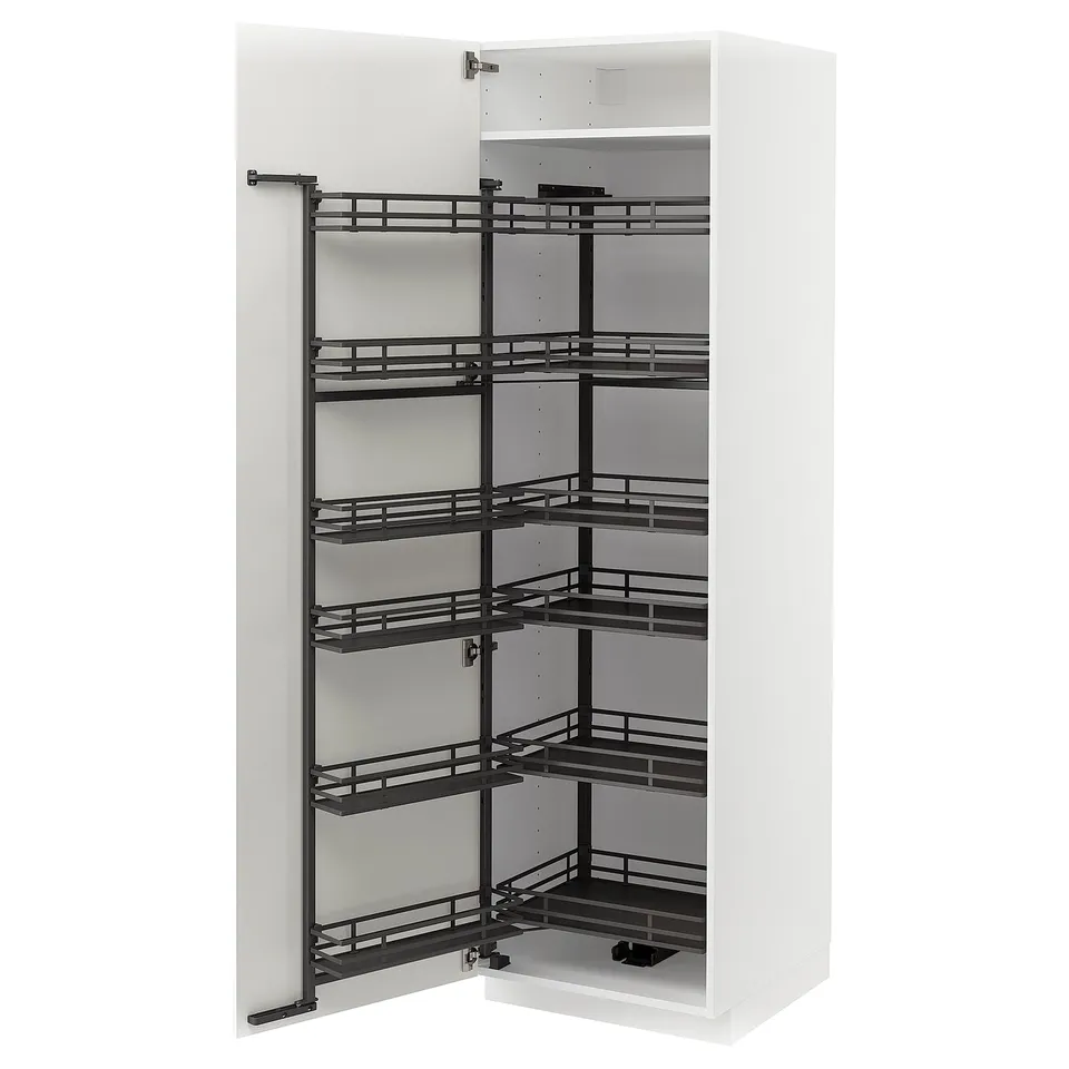 White METOD kitchen unit with black pull-out shelves.