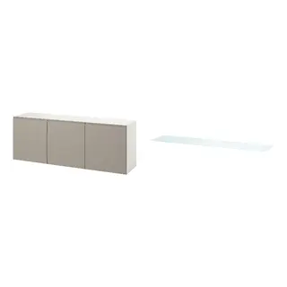 BESTÅ set: wall-mounted cabinet combination + top panel, white/Hammarsmed beige + glass white/light green, 180x42x64 cm