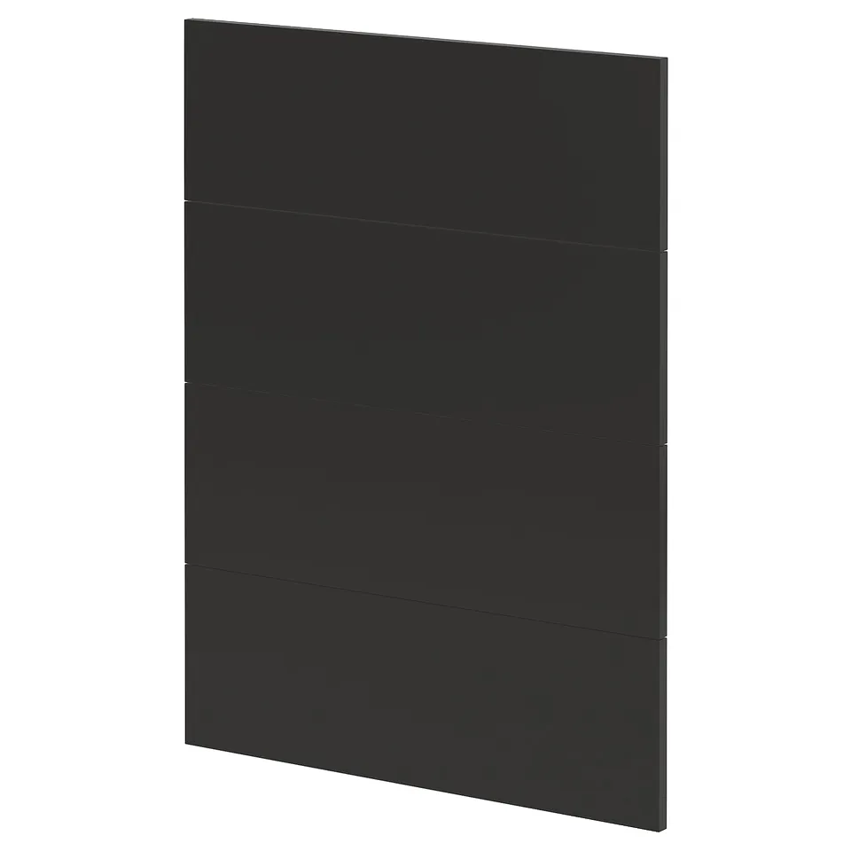 Modern black kitchen cabinet door, sleek and rectangular, with horizontal lines.