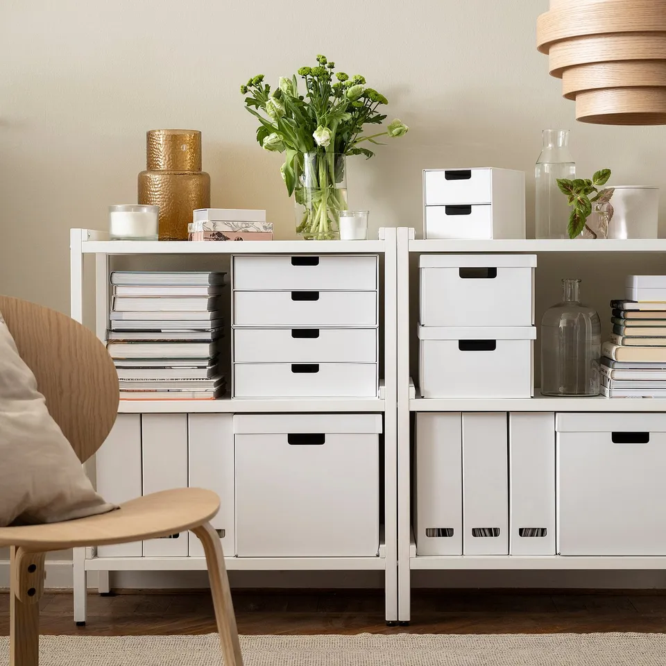 FJÄDERHARV boxes, recycled paper, organise a4/american letter papers & accessories on shelves in minimalist room.