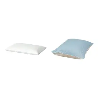 BRUKSVARA/KEJSAROLVON set: pillow, low + pillow protector, beige/blue, Length 50 x Width 80 cm