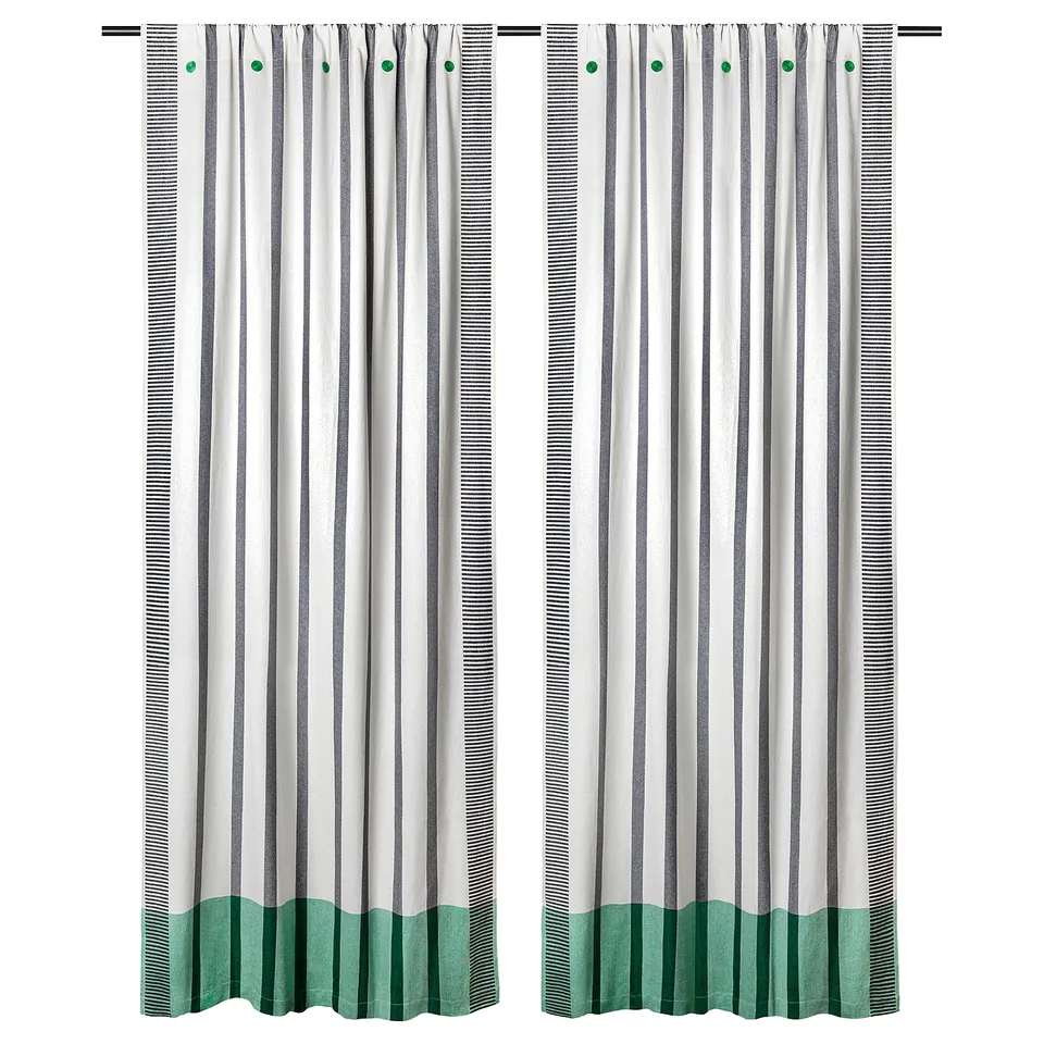 MÄVINN striped curtains, green & white, cotton, panel set, hand-woven.