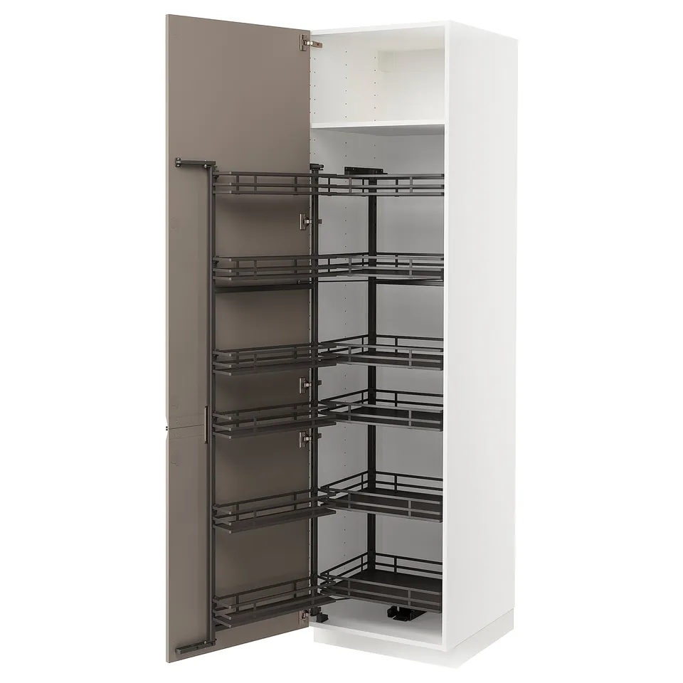 An open white METOD kitchen cabinet with black pull-out shelves.
