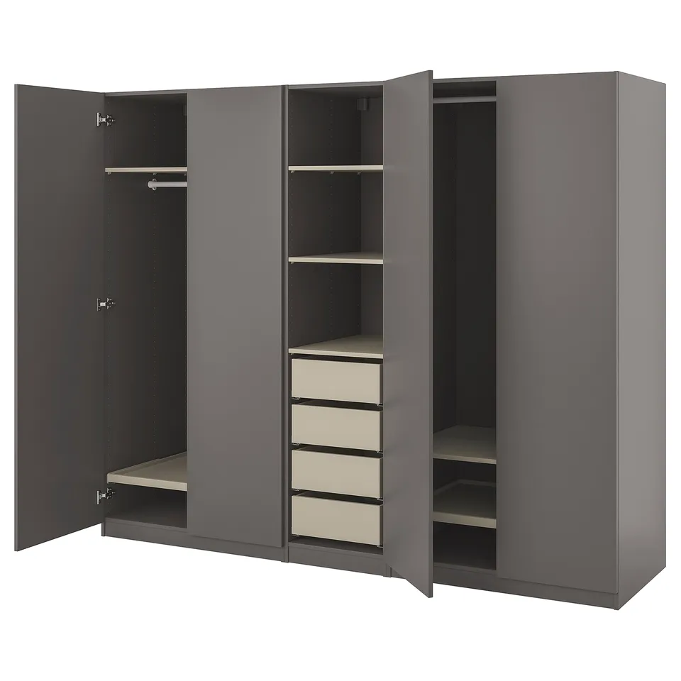 A grey PAX wardrobe with open doors, revealing shelves and drawers inside.