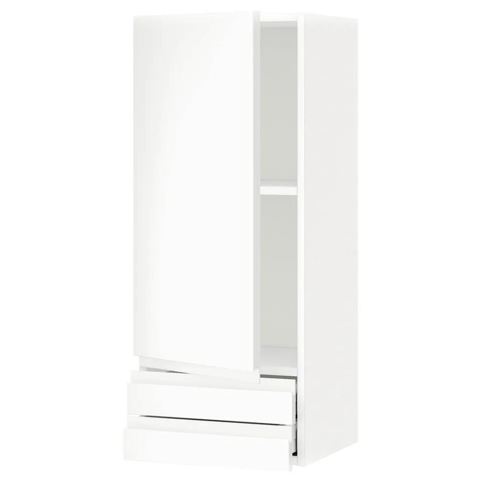 A modern, white METOD kitchen cabinet with a minimalist design, featuring two drawers and an adjustable shelf.