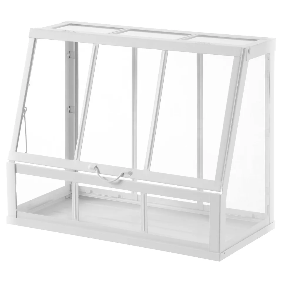 A white ÅKERBÄR greenhouse with a rectangular base and four vertical posts, perfect for plants.