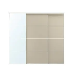 SKYTTA / MEHAMN/AULI sliding door combination, white double sided/grey-beige mirror glass, 251x240 cm