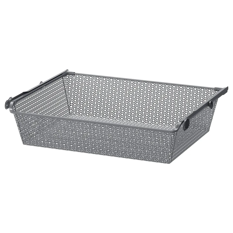 KOMPLEMENT metal mesh basket, grey. Rectangular shape with handles for easy pullout. Air-circulating design for clothes and accessories storage.
