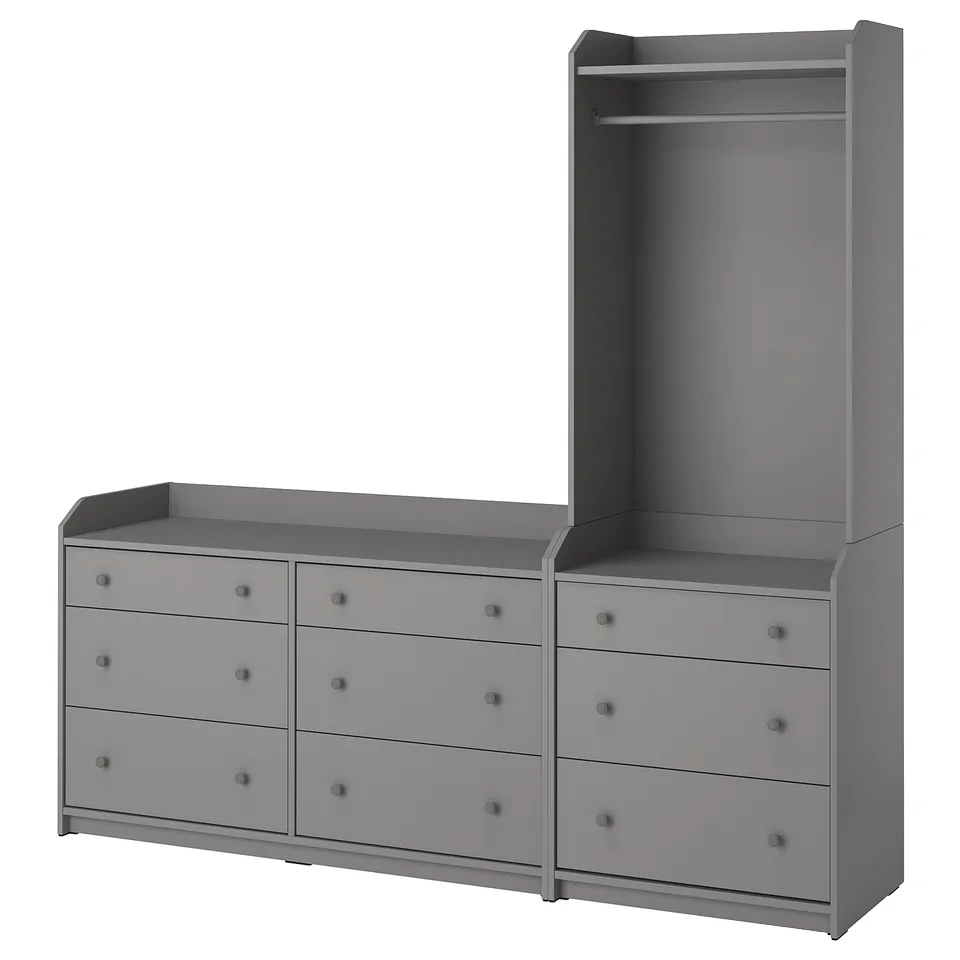 Grey HAUGA storage set with chest and wardrobe, providing ample storage with 6 drawers and hanging space, sleek modern design.