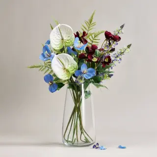 BERÄKNA/SMYCKA set: artificial flower x2 + artificial flower x3 + artificial flower x2 + artificial flower x2, in/outdoor Flamingo plant/white + in/outdoor Poppy/blue + in/outdoor Christmas rose + in/outdoor mullein/blue + clear glass + in/outdoor/fern, 66 cm