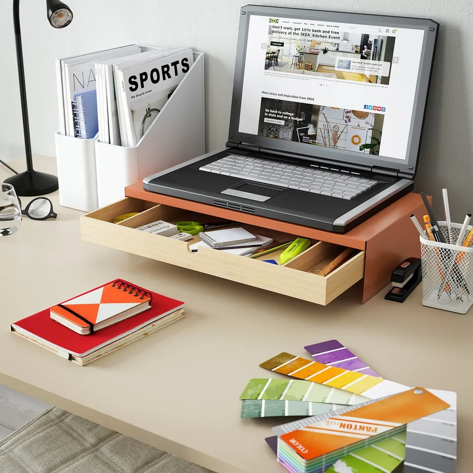 ELLOVEN Monitor stand with drawer, bright orange