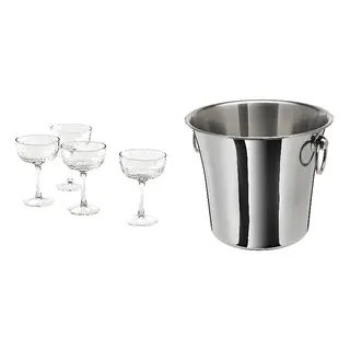FRÖJDA/SOLDRÄNKT set: champagne coupe + wine cooler, clear glass + stainless steel, 20 cl