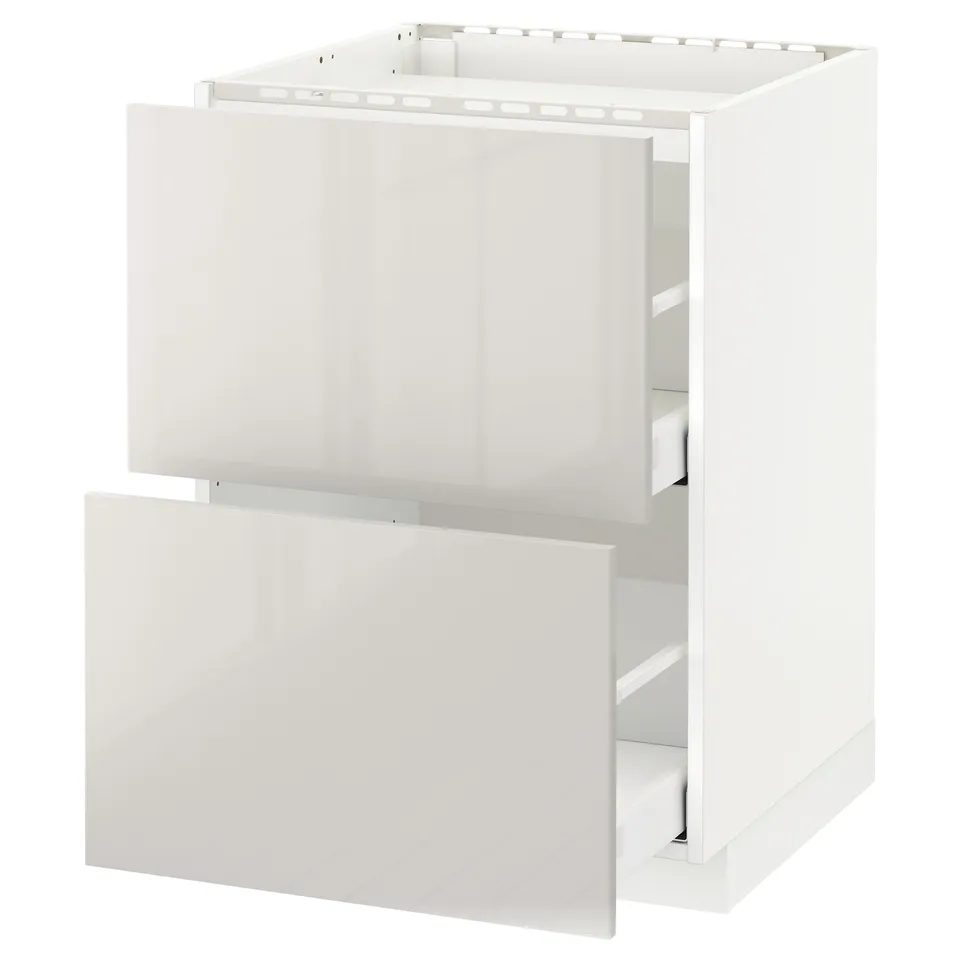 A white METOD kitchen cabinet with high gloss finish, modern design, and two drawers.