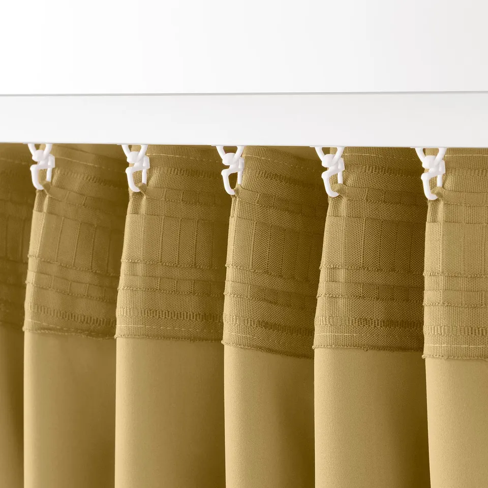 Beige-yellow MAJGULL curtains with white clips, textured fabric, multi-way header.