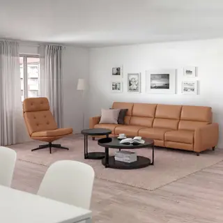 RULLERUM/FRÖTORP/HAVBERG 4-seat sofa w 2 electric recliners/Coffee table sets/Swivel easy chair, Grann/Bomstad golden-brown + anthracite marble effect/black glass, Depth 99 x Height 92 x Width 66 cm