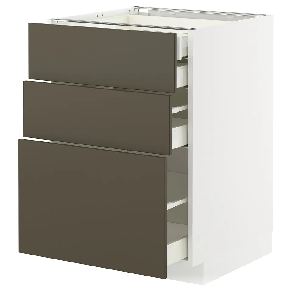 METOD kitchen cabinet in dark brown with three drawers, sleek design.