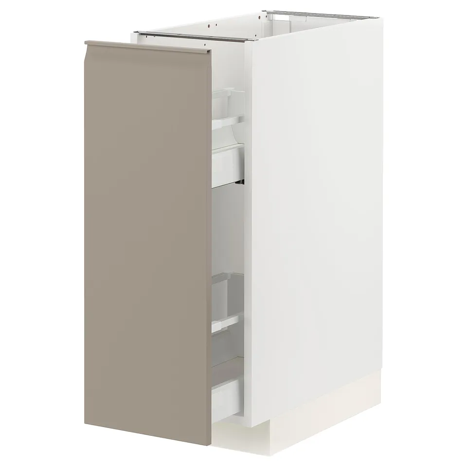 White METOD kitchen cabinet with grey-beige door and pull-out shelves.