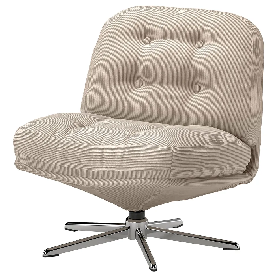 DYVLINGE swivel chair: cream, curved, striped fabric, chrome base.