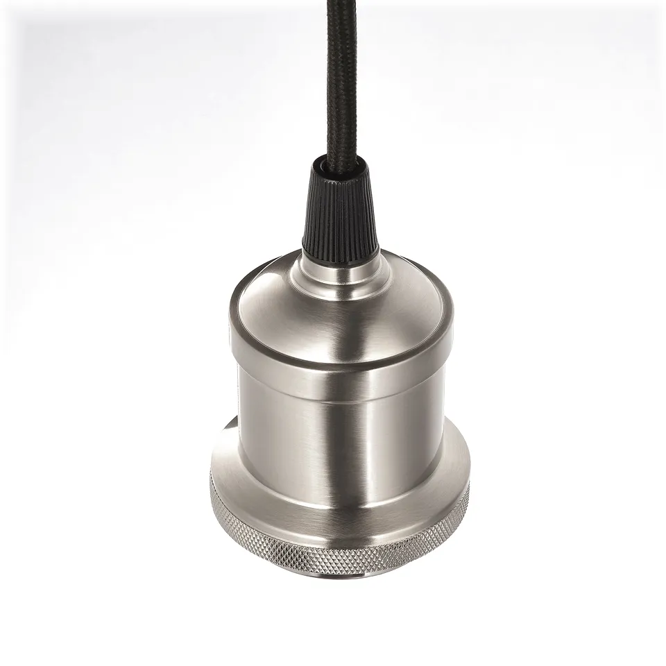 Elegant hanging lamp with metallic finish and black cord, showcasing quality design and durability.