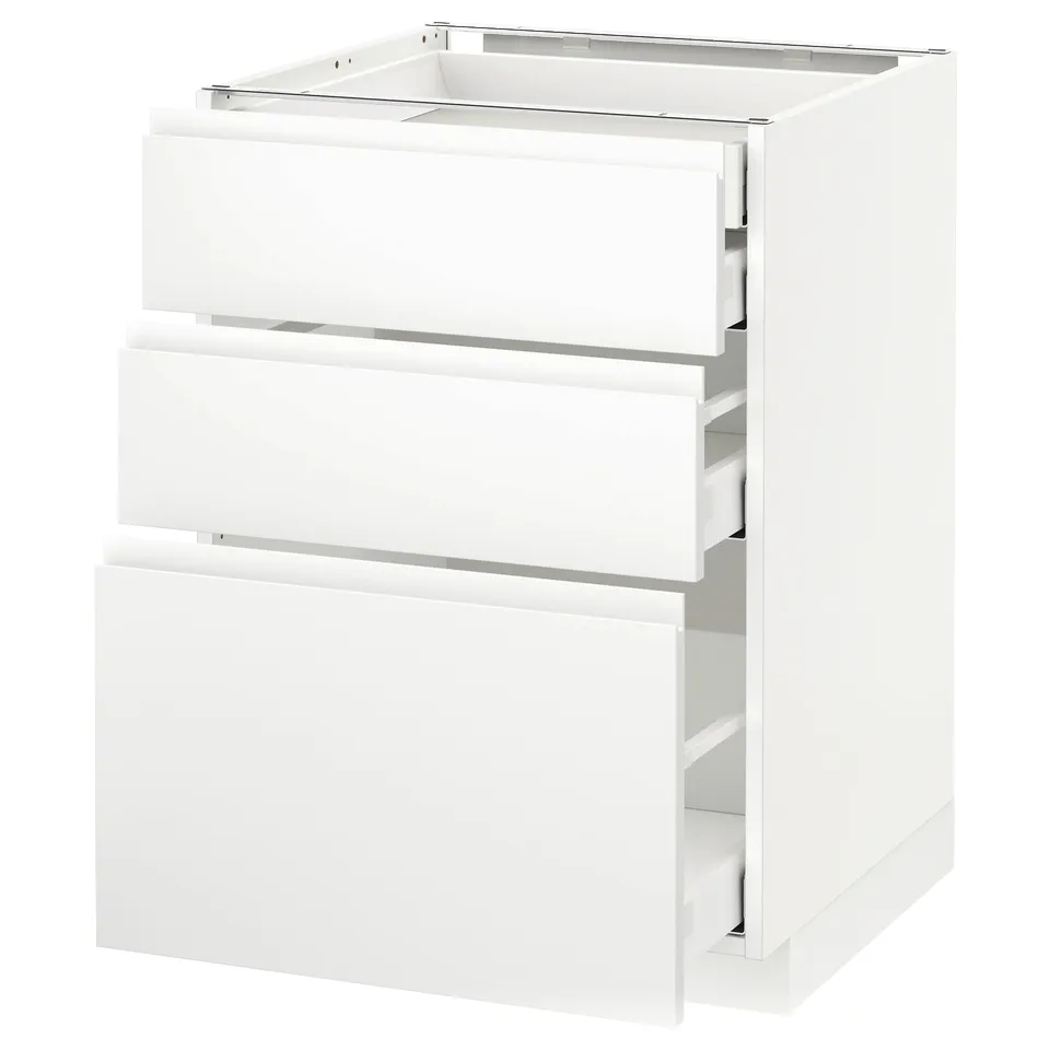 White METOD kitchen cabinet with integrated handle drawers. Modern minimalist design, three full-extension drawers.
