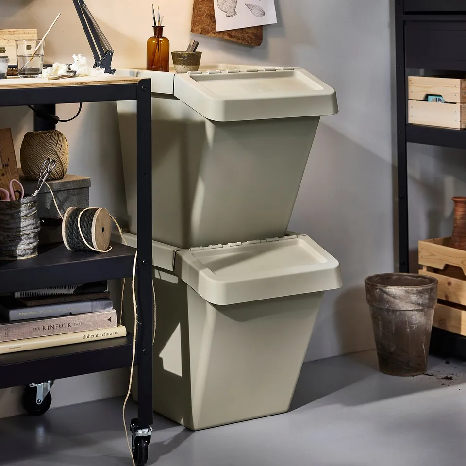 SORTERA Sorting bin with lid, beige, 60 l
