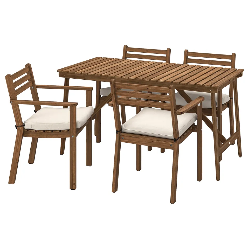 Brown acacia wood outdoor dining set with 4 cushioned chairs and a foldable table, designed for small spaces.