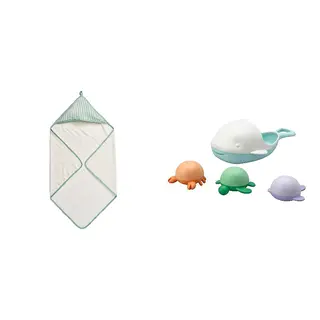 LEN/ÄNGSHUMLA set: baby towel with hood + 4-piece bath toy set, white blue/stripe pattern, 80x80 cm