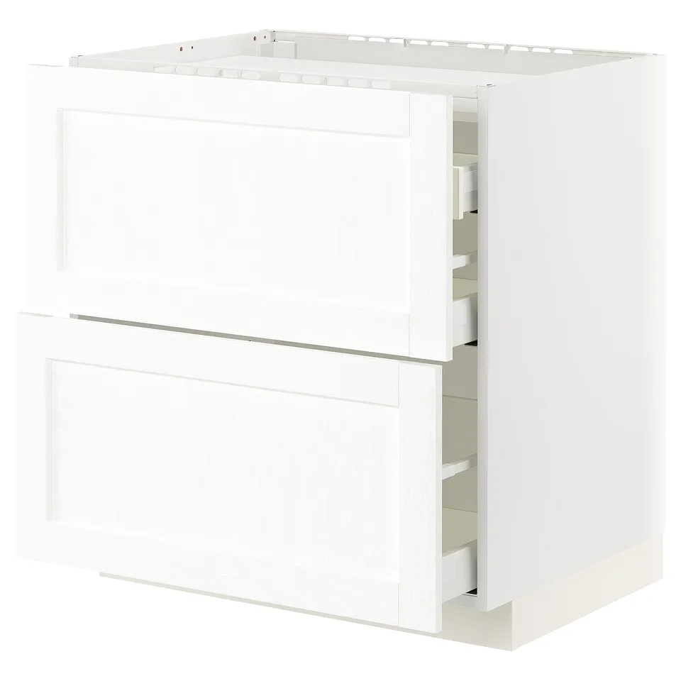 White METOD kitchen cabinet with enköping fronts in classic wood grain design, featuring smooth-running drawers and sturdy frame construction.