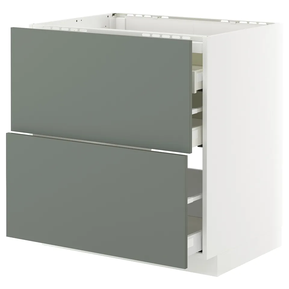 Modern grey-green kitchen unit with two drawers and a cabinet.