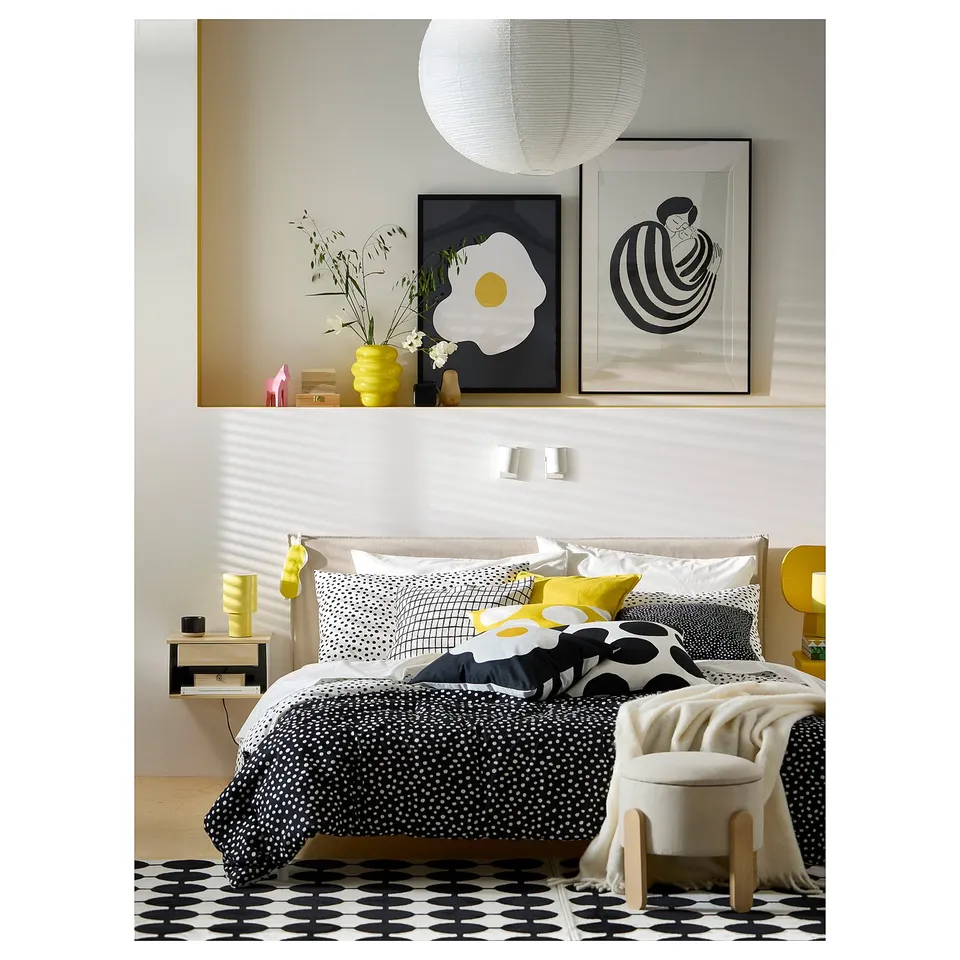 BJÖRKGRÅMAL Duvet cover and 2 pillowcases, black white/dotted, 200x200/50x80 cm
