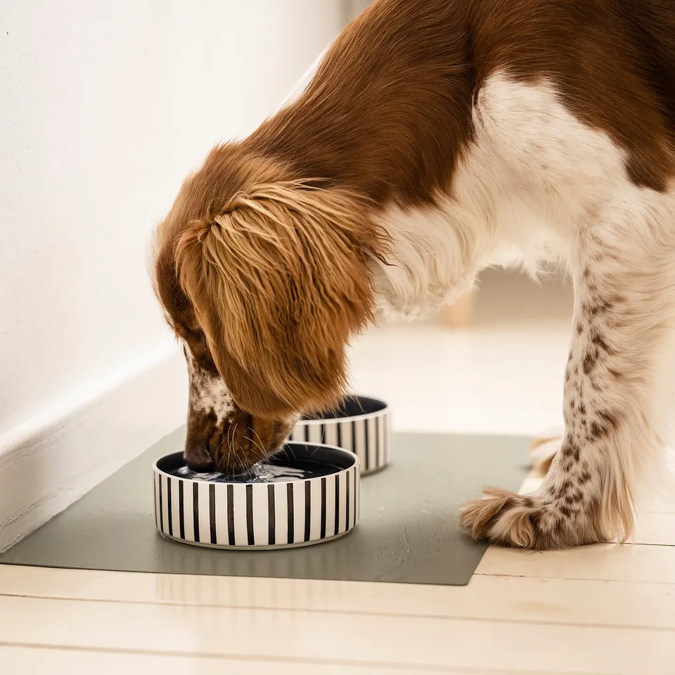 Dog drinking from striped bowl on mat. UTSÅDD pet bowl, durable and reflective-free, stands firmly indoors.