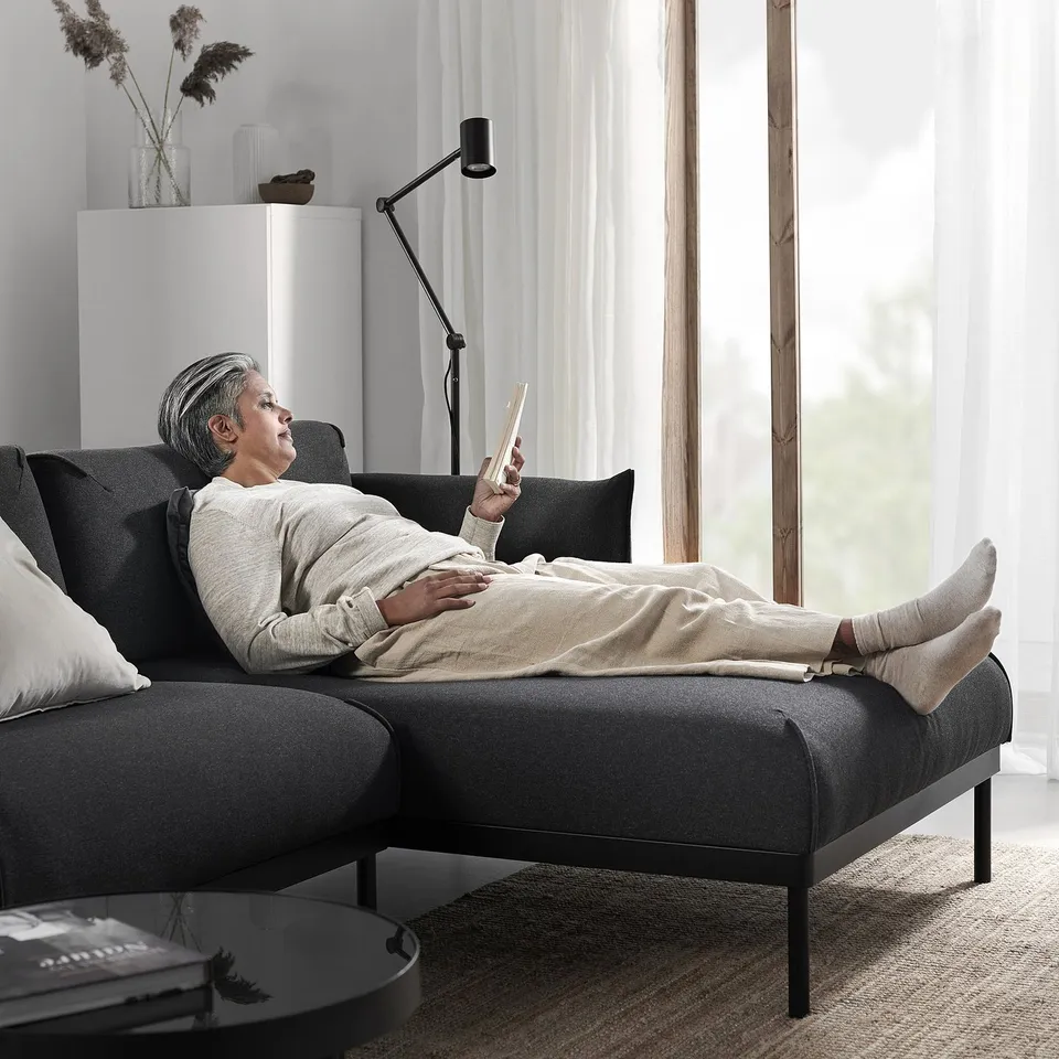 Person on ÄPPLARYD sofa using tablet in bright room.
