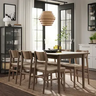 SKANSNÄS set: extendable table + chair x6, brown beech/veneer + brown beech, 150/205x90 cm