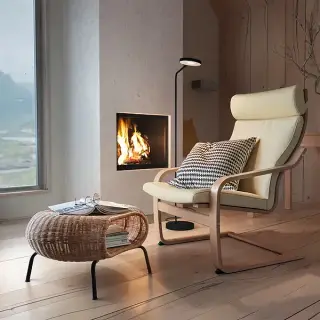 GAMLEHULT/POÄNG set: armchair + footstool with storage, birch veneer/Glose eggshell + rattan/anthracite, Width 68 x Depth 83 x Height 100 cm