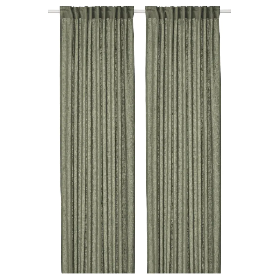 Two olive green linen curtains hung straight, offering privacy and filtering light.