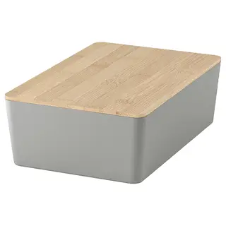 KUGGIS box with lid, light grey/bamboo, 18x26x8 cm