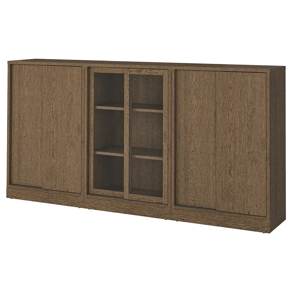 Brown wooden cabinet with sliding doors, three sections, central glass door, dark wood grain.