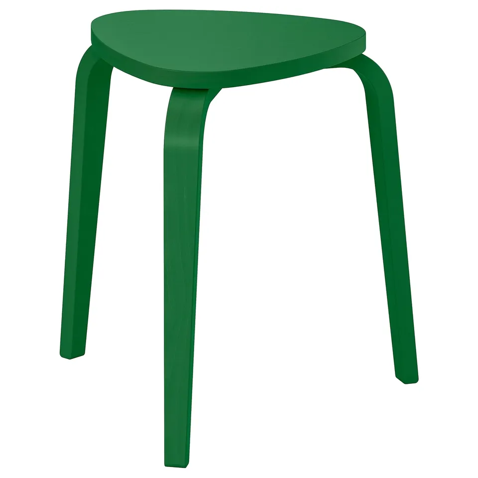 Green KYRRE stool. Three-legged, triangular seat, birch veneer.