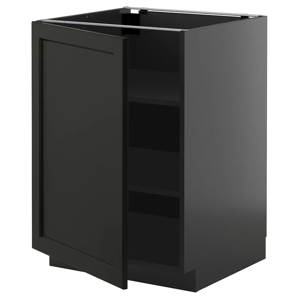 Dark grey METOD cabinet with one open door, adjustable shelves, and bevelled edges.