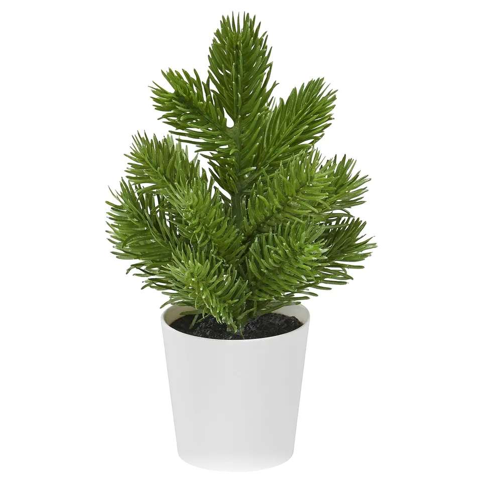 Small white-potted artificial green christmas tree, compact and festive.