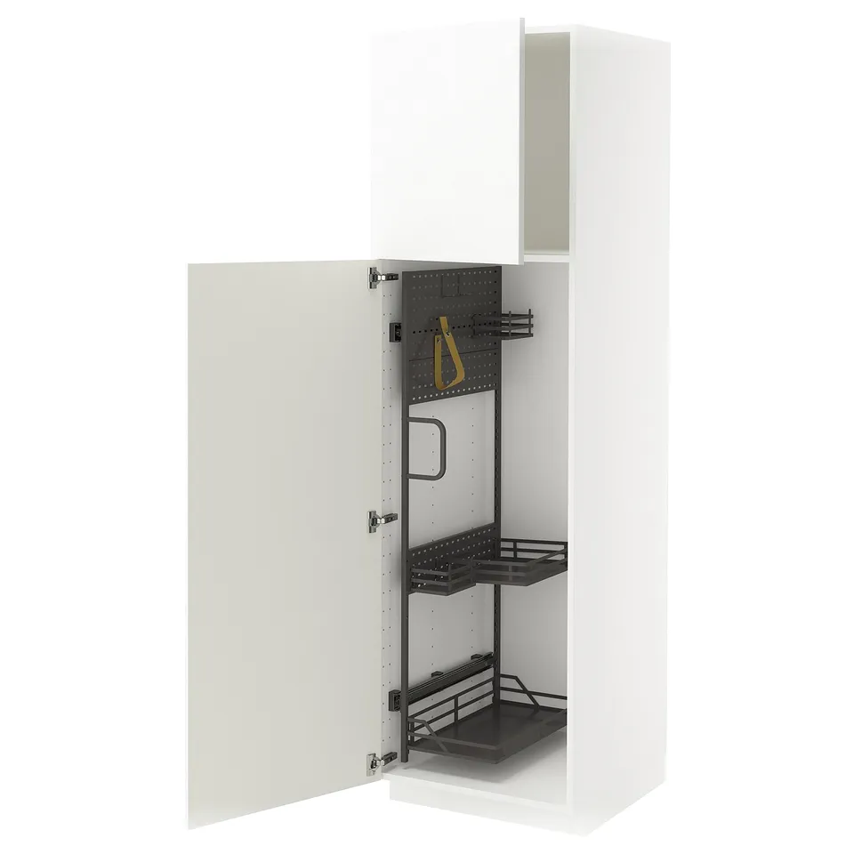 White METOD kitchen cabinet with high gloss door, adjustable shelves, and hanging organiser.