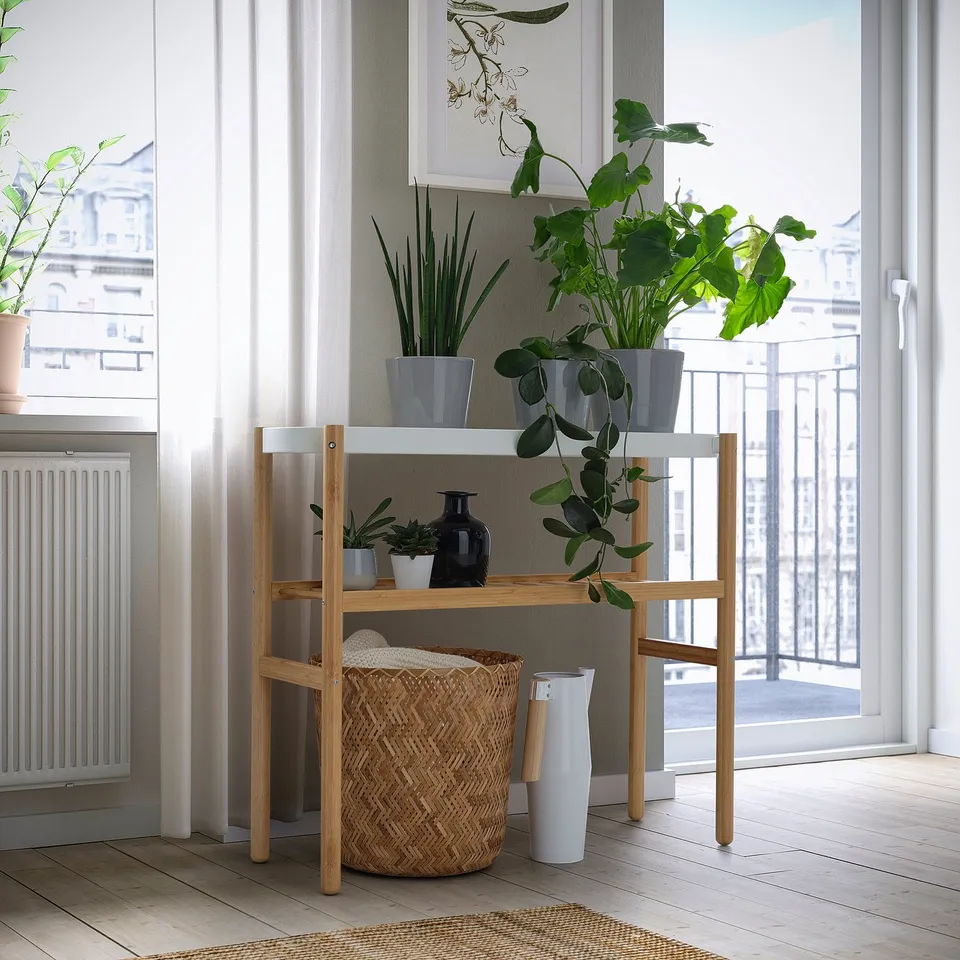 Wooden plant stand with multi-level greenery near window