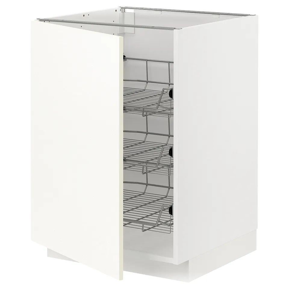 White METOD kitchen cabinet with multiple wire shelves, silver hardware, clean design.