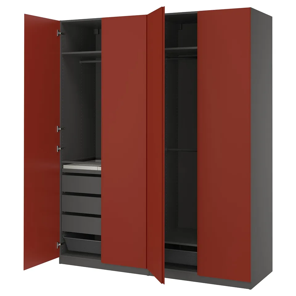 PAX / VIKANES Wardrobe combination, dark grey/red-brown, 200x60x236 cm