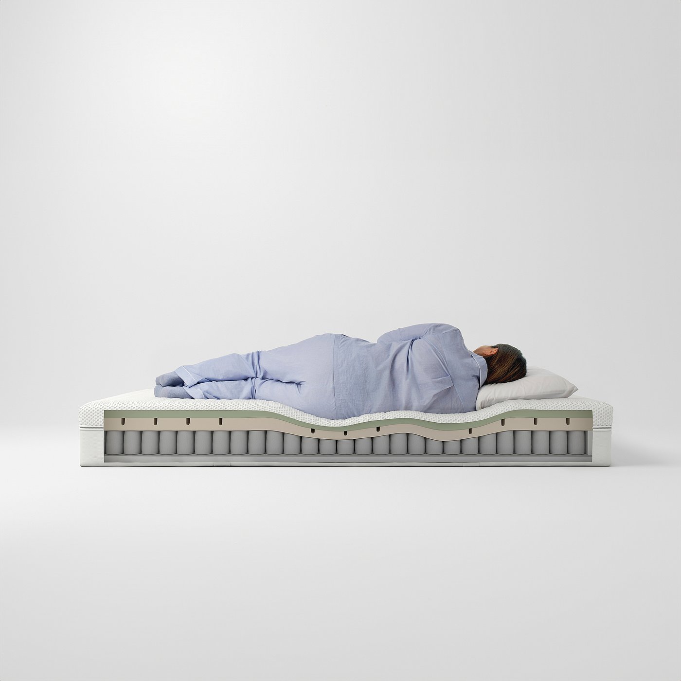 Person sleeping on light blue mattress with memory foam and pocket springs.